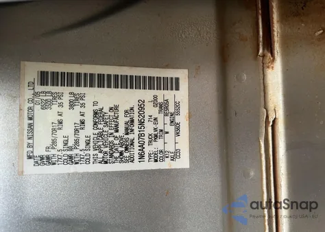 2005 Nissan Titan Le z USA, uszkodzony, nr VIN 1N6AA07B15N520952